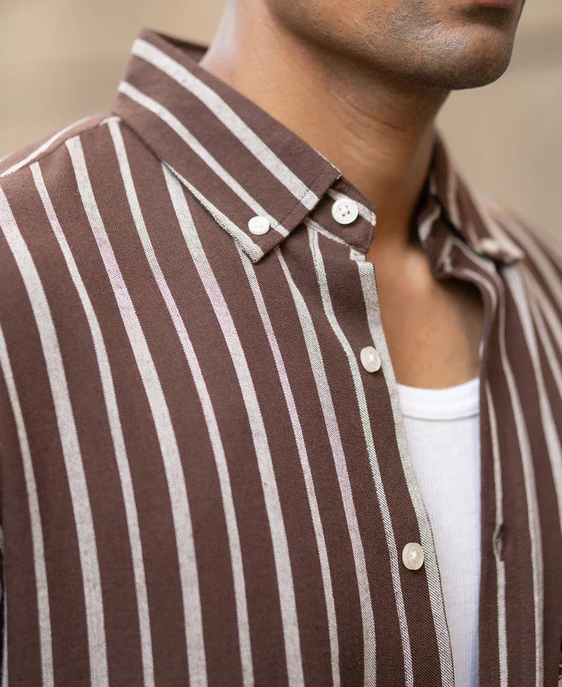 Powerlook Brown Striped Linen Blend Shirt