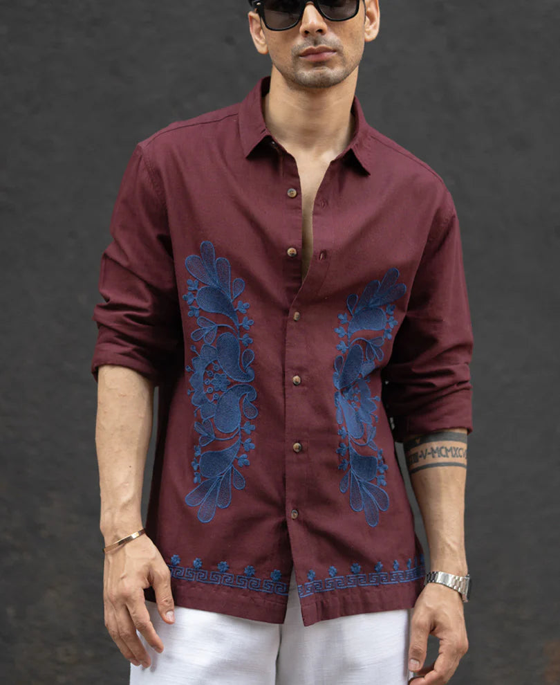 Powerlook Wine Embroidered Linen Blend Shirt