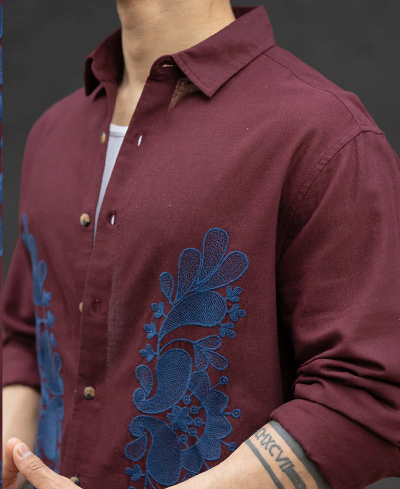 Powerlook Wine Embroidered Linen Blend Shirt