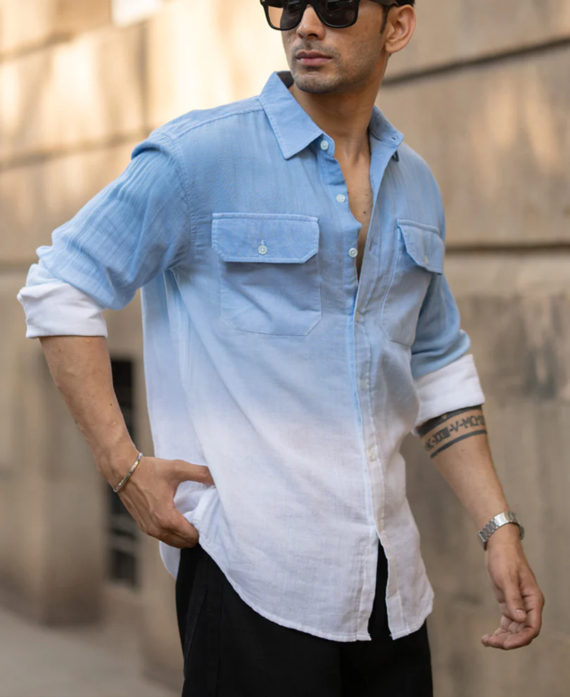 Powerlook Blue Ombre Double Pocket Cotton Shirt