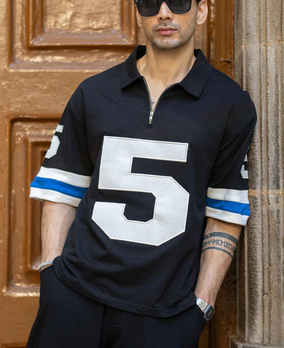 Powerlook Black Contrast Applique Cotton T-Shirt