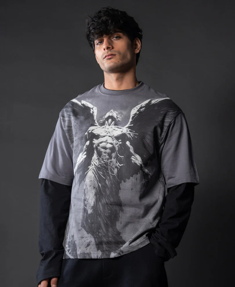 Powerlook Grey Angel Grunge Cotton T-Shirt