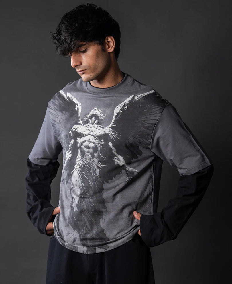 Powerlook Grey Angel Grunge Cotton T-Shirt