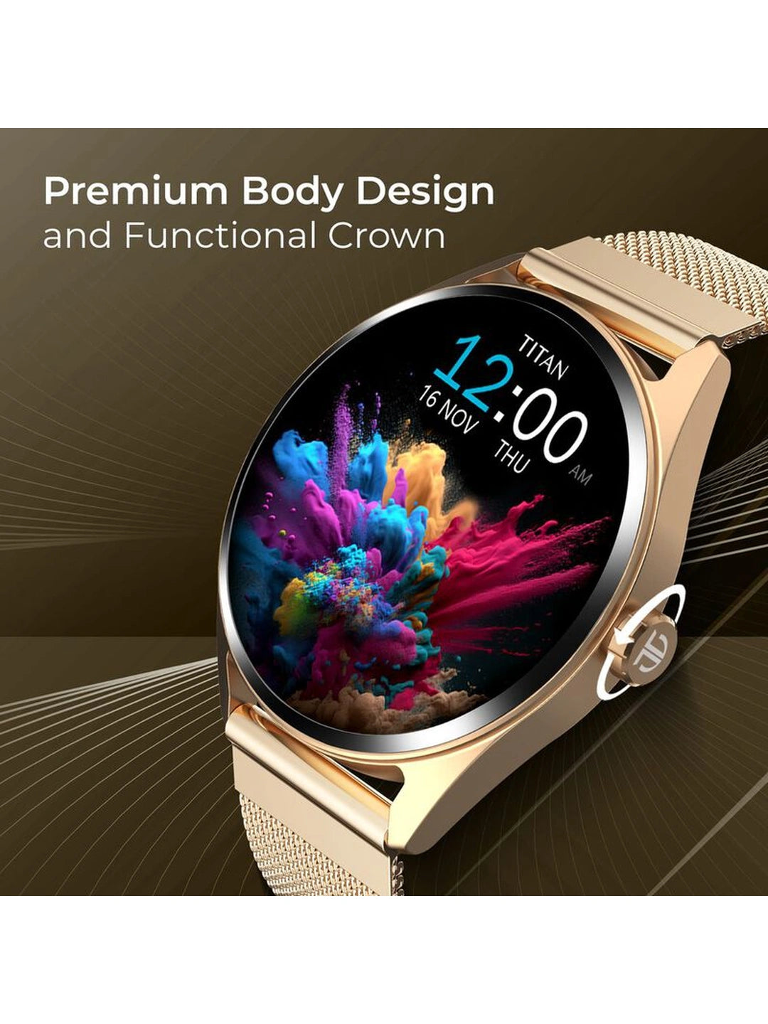 Titan Crest With 3.63 cm AMOLED Display With AOD, Functional Crown, BT Calling Smartwatch With Black Mesh Strap