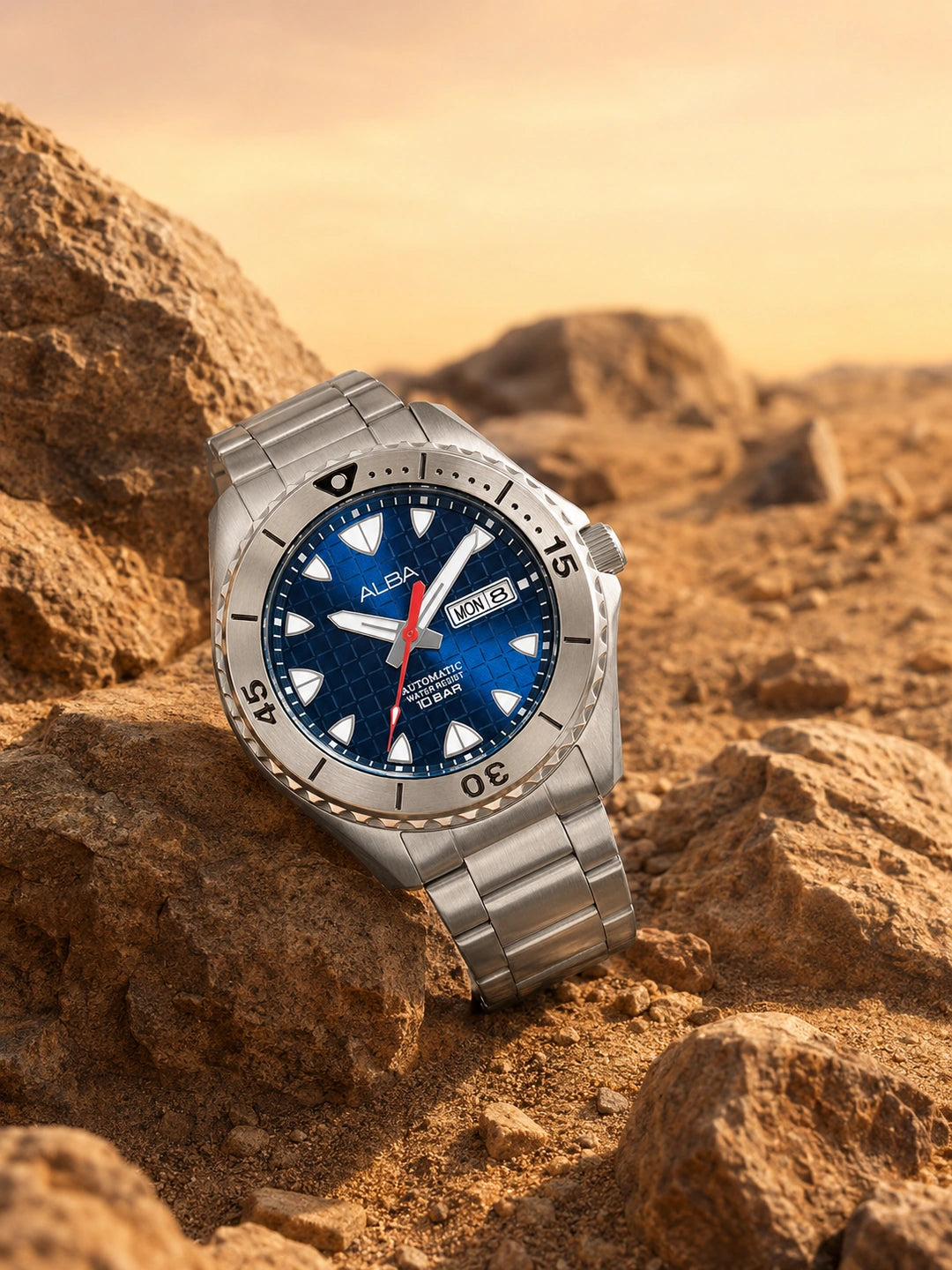 Alba Round Blue Dial Automatic Chronograph Watch With Day & Date Display & Silver Strap - AL4579X1