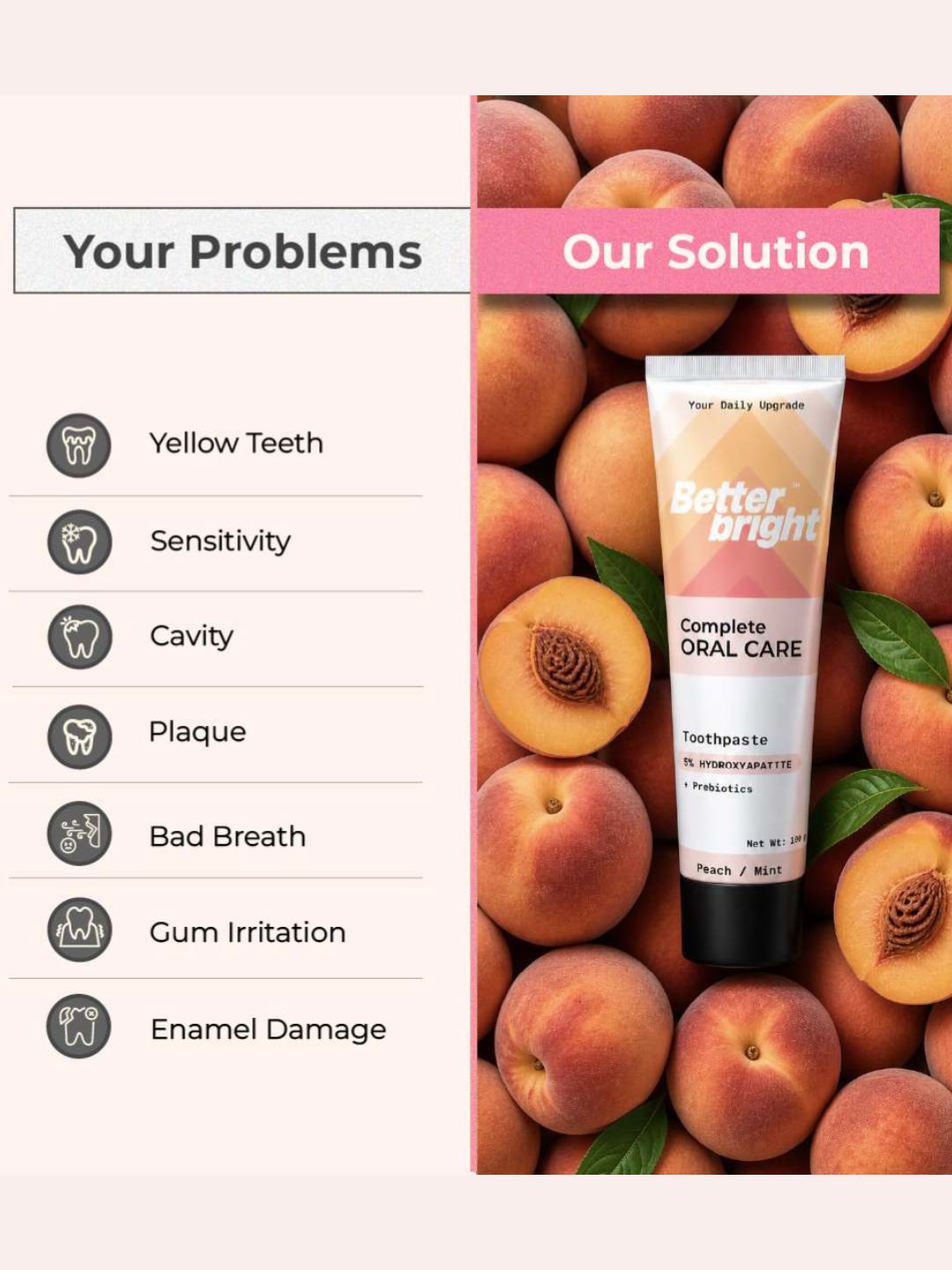 Better Bright Peach Mint 5% HAp + n-HA Fluoride-Free SLS-Free Toothpaste, 2 x 100g
