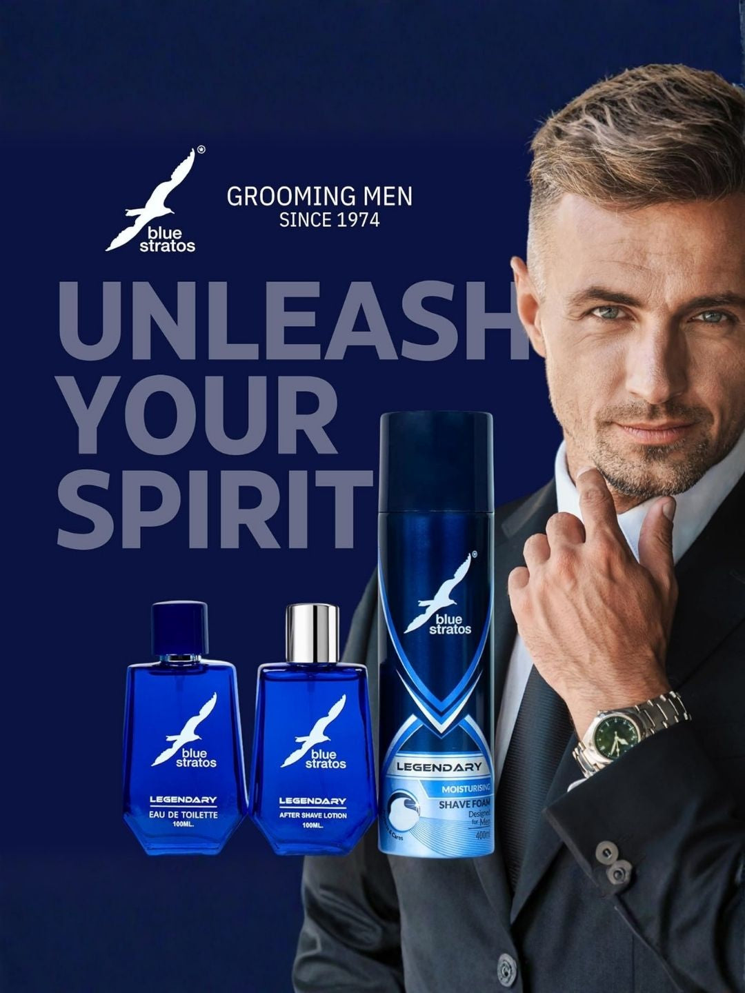 Test Blue Stratos Legendary Grooming Combo | Eau de Toilette, After Shave Lotion & Shaving Foam