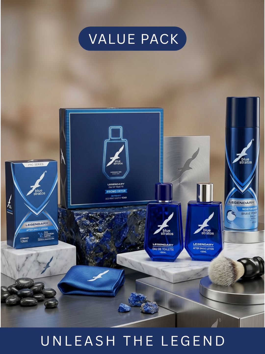 Test Blue Stratos Legendary Grooming Combo | Eau de Toilette, After Shave Lotion & Shaving Foam