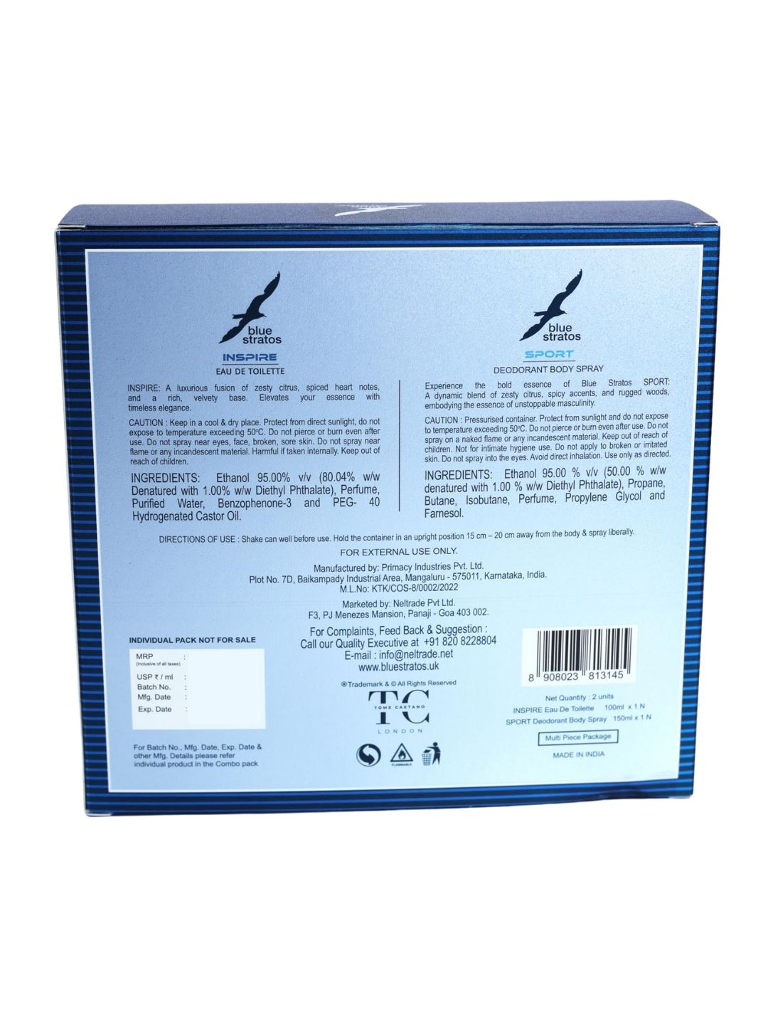 Blue Stratos Inspire Eau de Toilette with Free Deo (100ml)