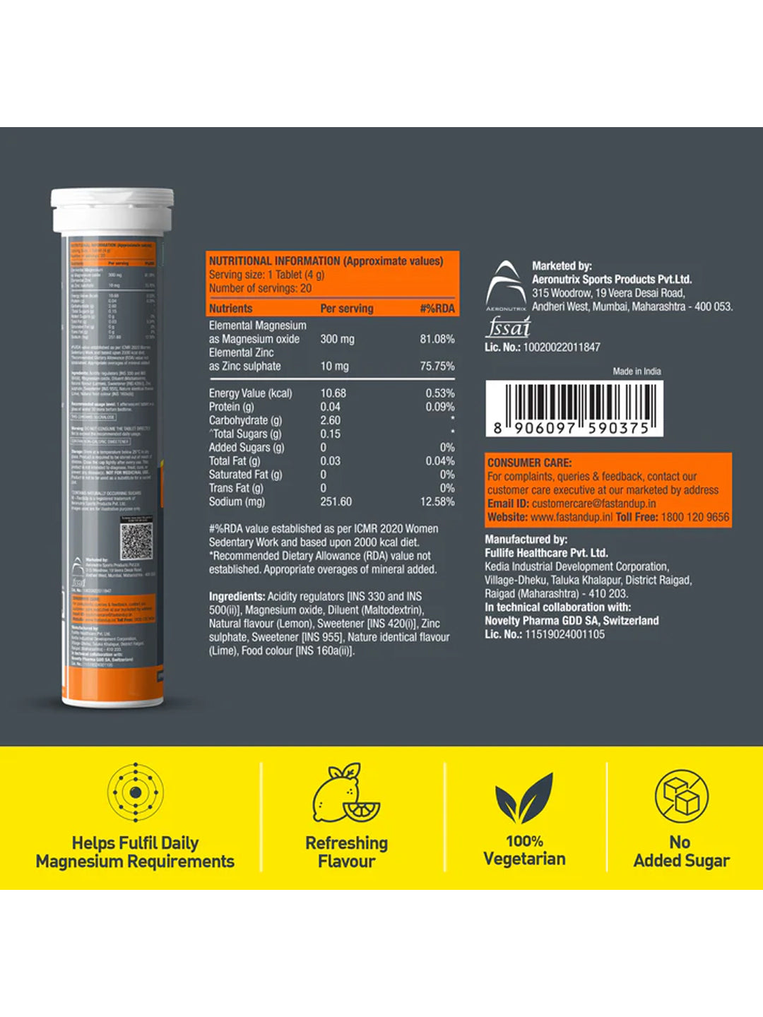 Fast&Up Magnesium + Zinc Lime & Lemon Effervescent - 60 Tablets (Pack of 3)