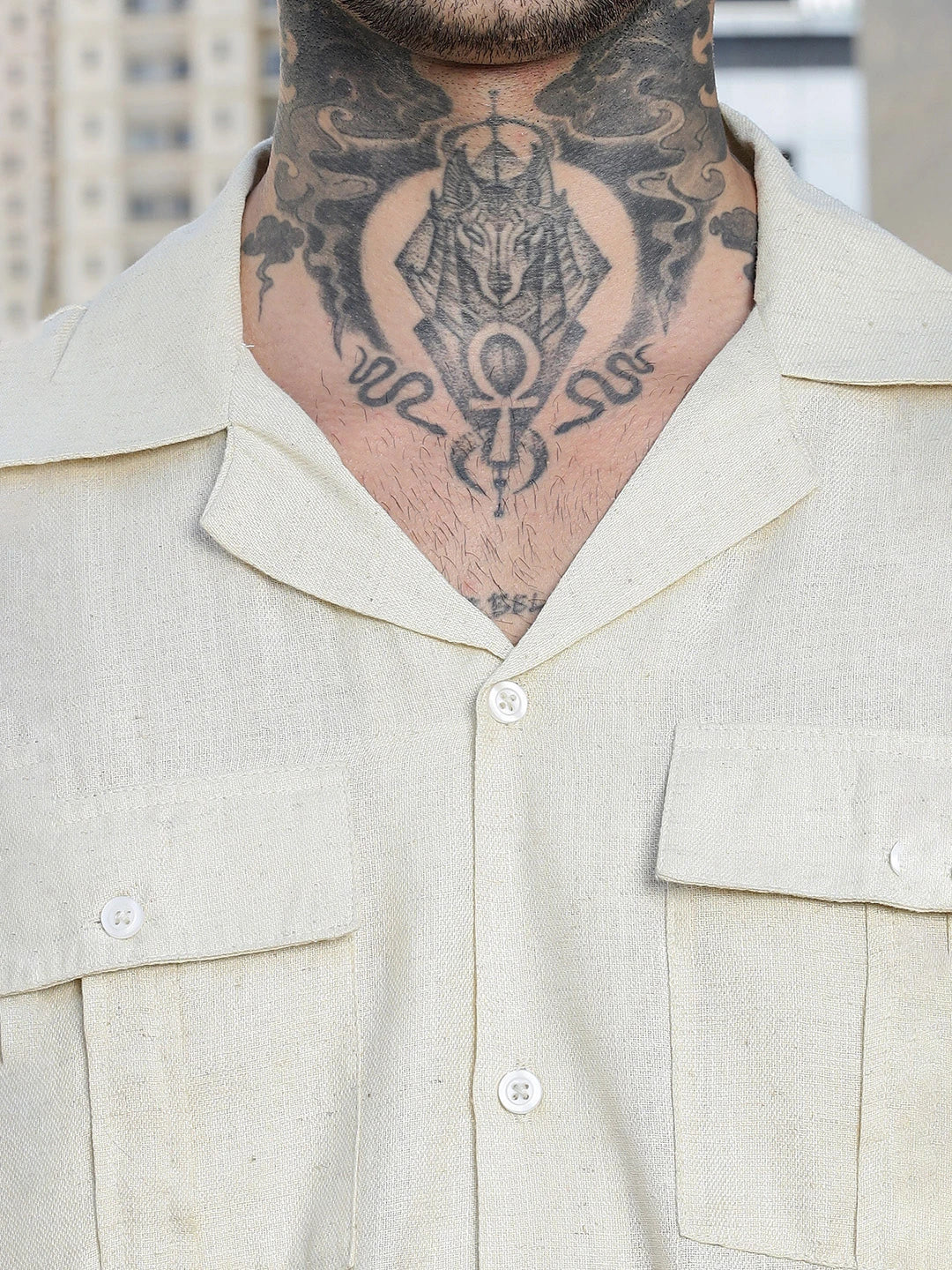 House Of Koala Linen Blend Beige Cuban Collar Classic Relaxed Fit Shirt