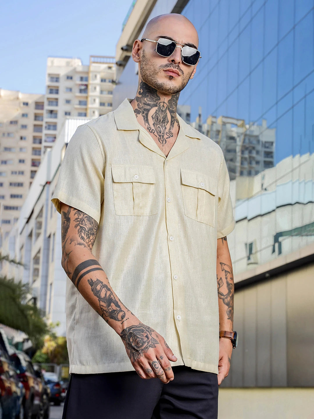 House Of Koala Linen Blend Beige Cuban Collar Classic Relaxed Fit Shirt