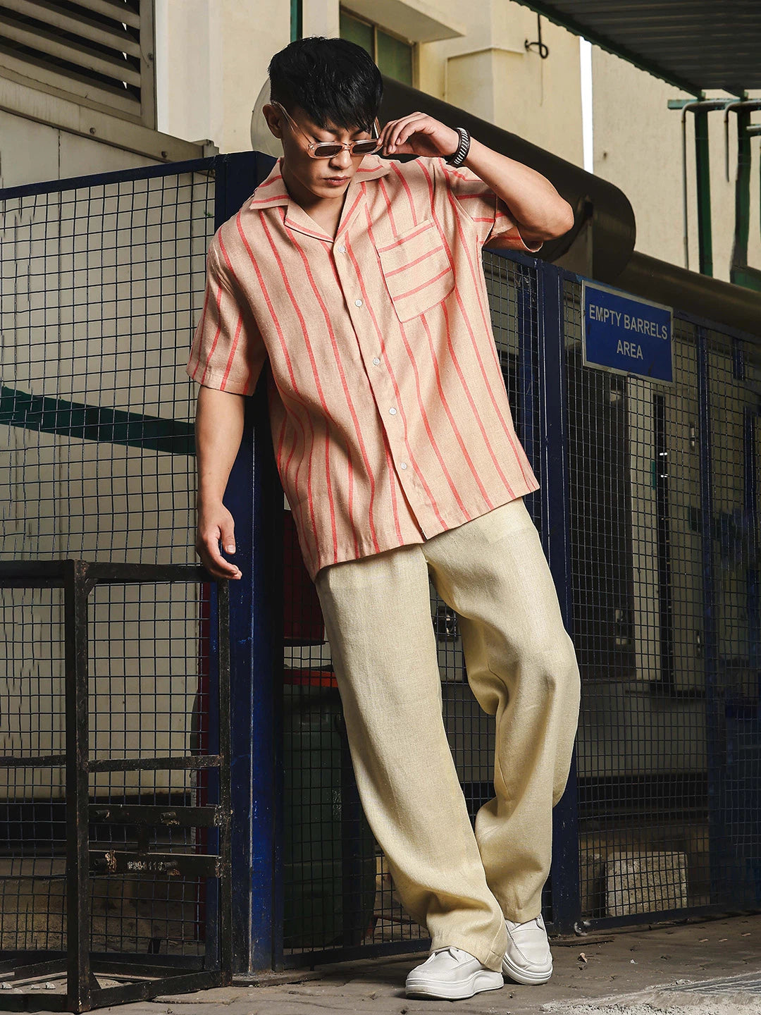 House Of Koala Linen Blend Beige Orange Striped Cuban Collar Classic Relaxed Fit Resort Shirt