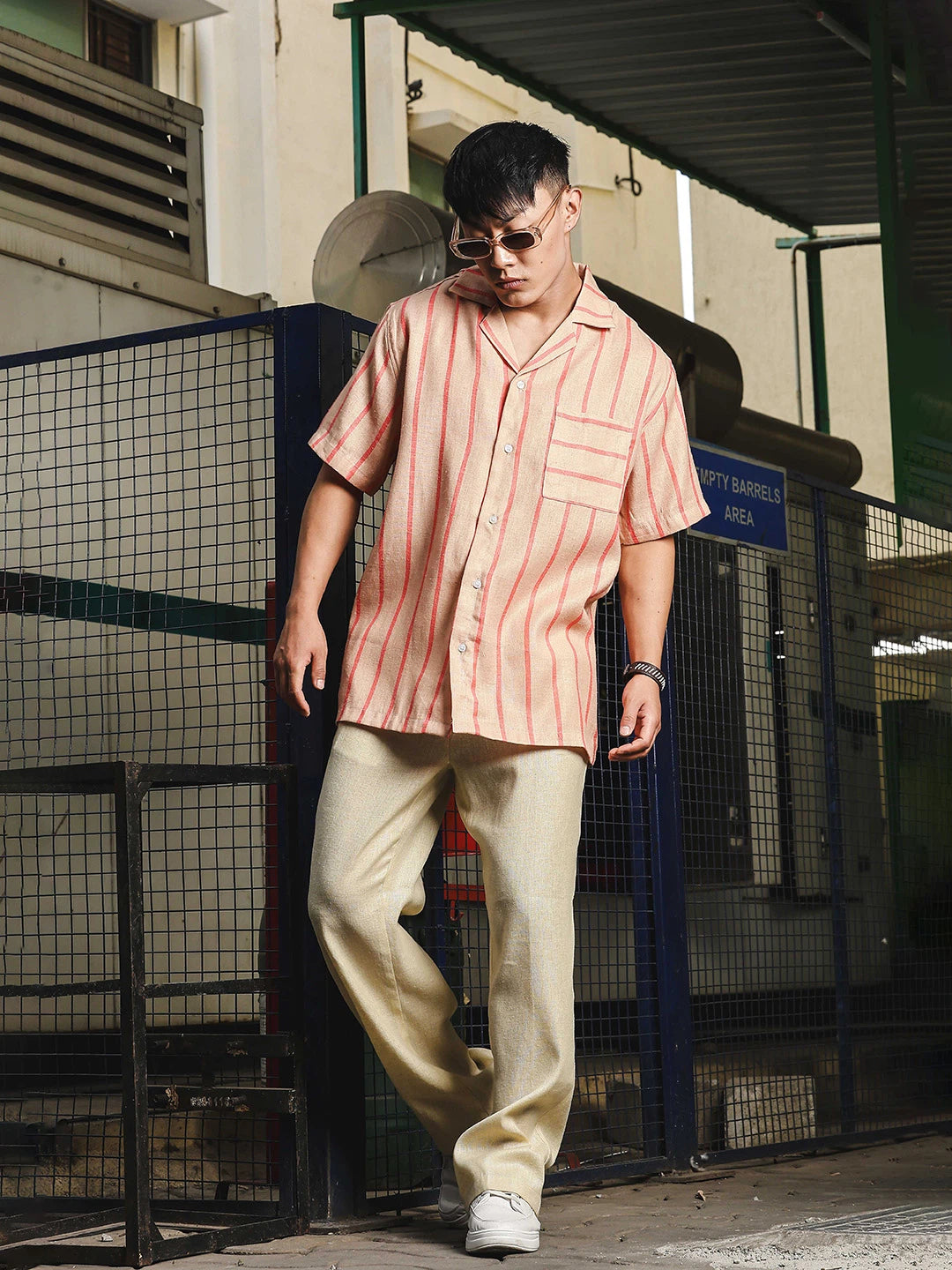 House Of Koala Linen Blend Beige Orange Striped Cuban Collar Classic Relaxed Fit Resort Shirt