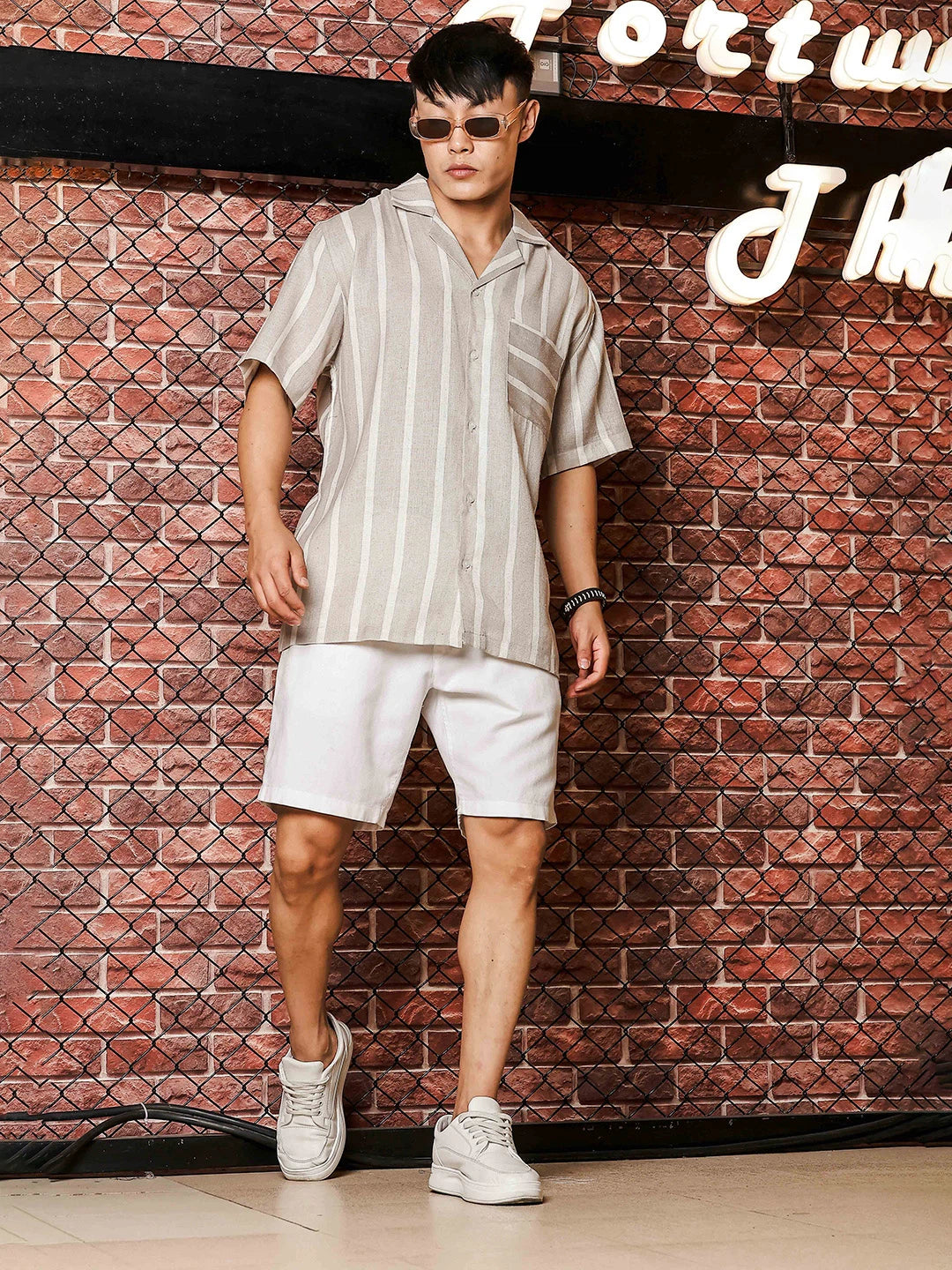 House Of Koala Linen Blend Beige White Striped Cuban Collar Classic Relaxed Fit Resort Shirt