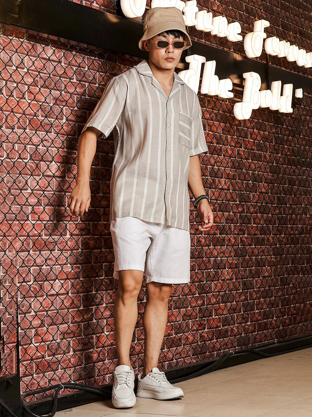House Of Koala Linen Blend Beige White Striped Cuban Collar Classic Relaxed Fit Resort Shirt