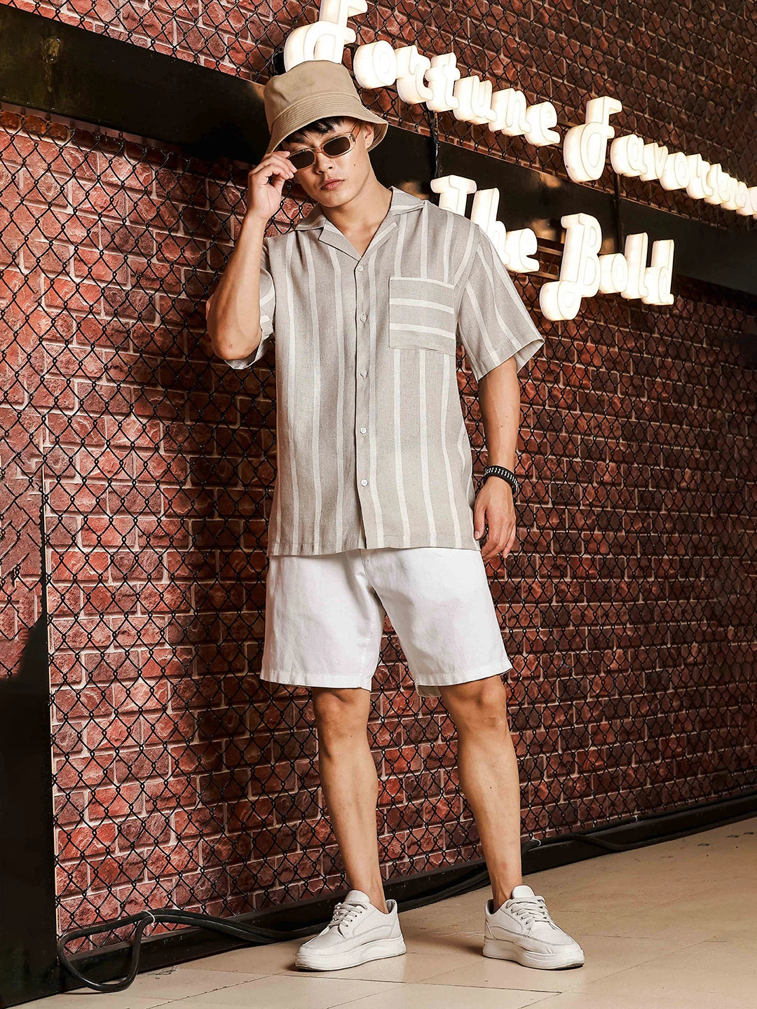 House Of Koala Linen Blend Beige White Striped Cuban Collar Classic Relaxed Fit Resort Shirt