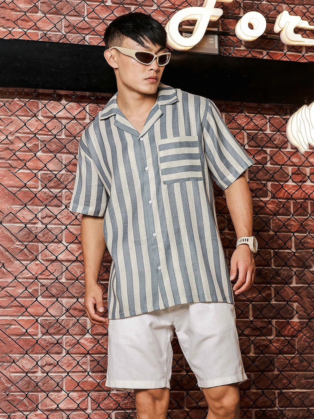 House Of Koala Linen Blend Blue White Striped Cuban Collar Classic Relaxed Fit Resort Shirt
