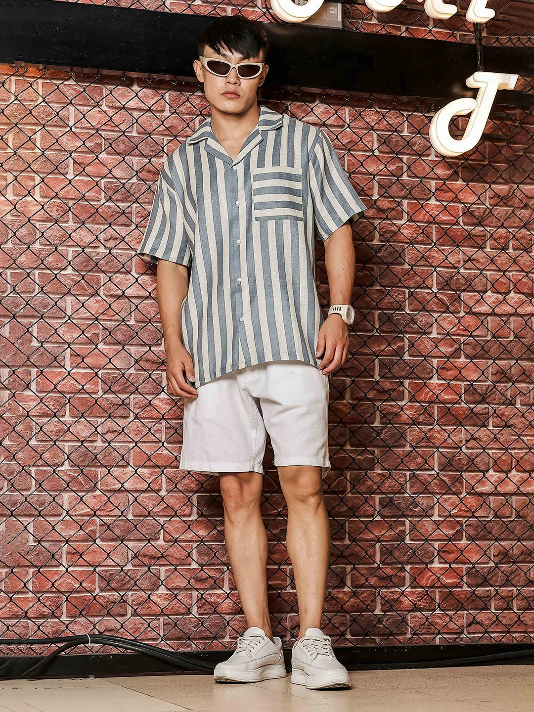 House Of Koala Linen Blend Blue White Striped Cuban Collar Classic Relaxed Fit Resort Shirt