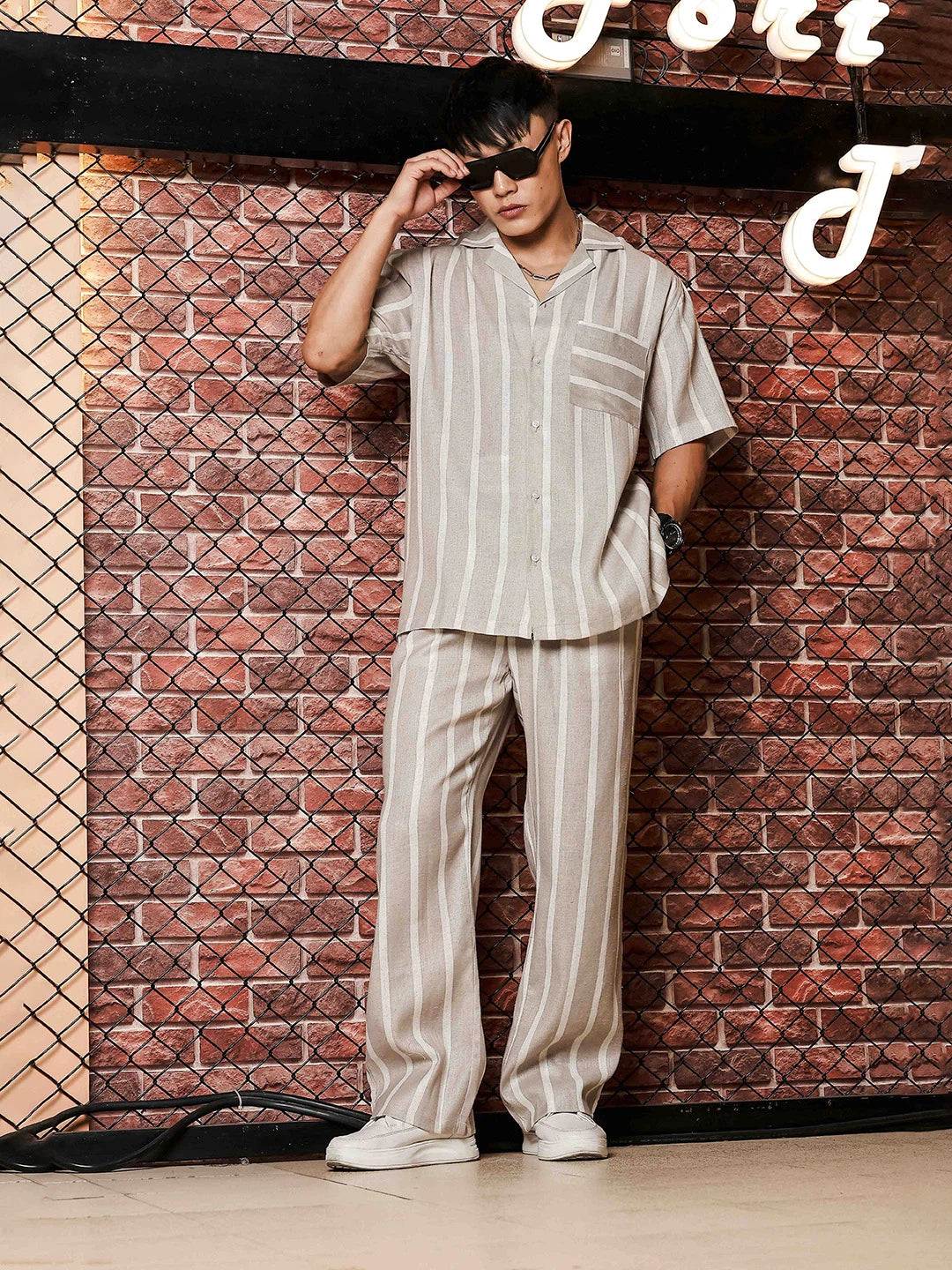 House Of Koala Beige & White Striped Linen Blend Gurkha Trousers with Double Pleated Front
