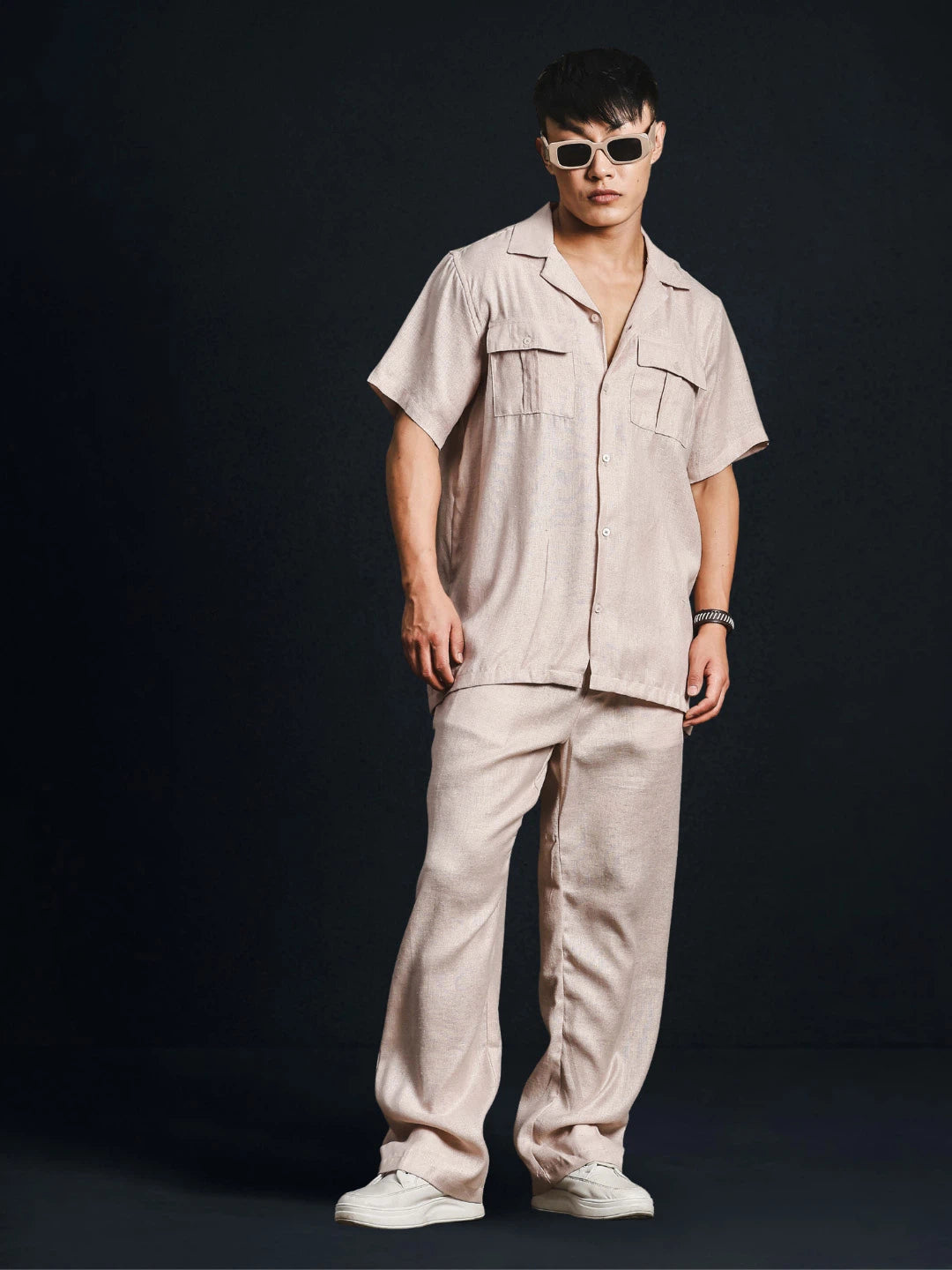 House Of Koala Champagne Pink Solid Linen Blend Gurkha Trousers with Double Pleated Front