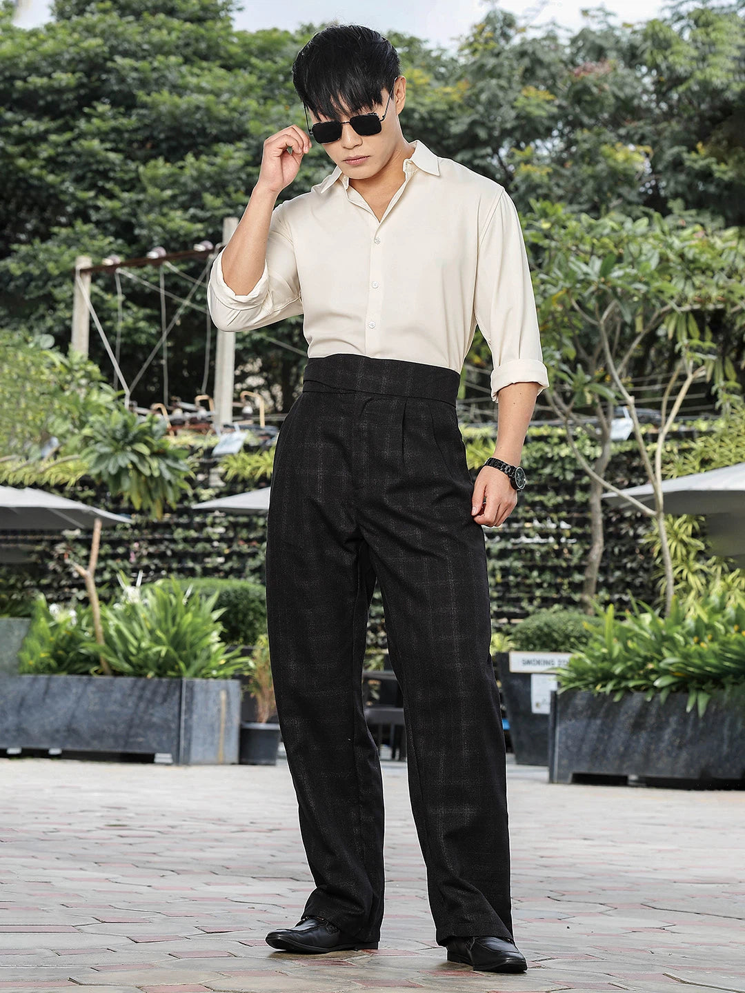 House Of Koala Black Premium Chequered Gurkha Trousers with Double Pleated Front