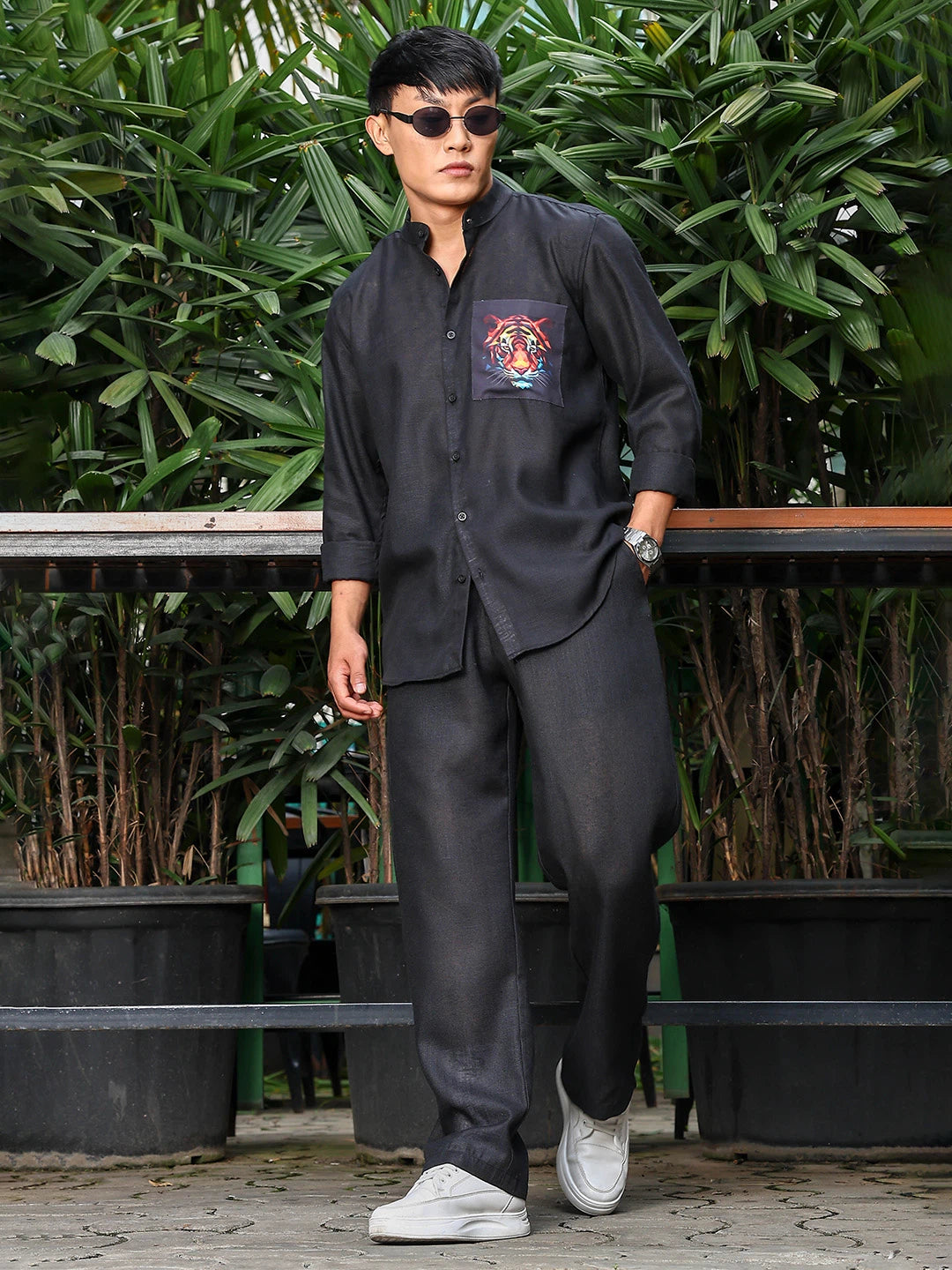 House Of Koala Black Solid Linen-Blend Relaxed Fit Trousers
