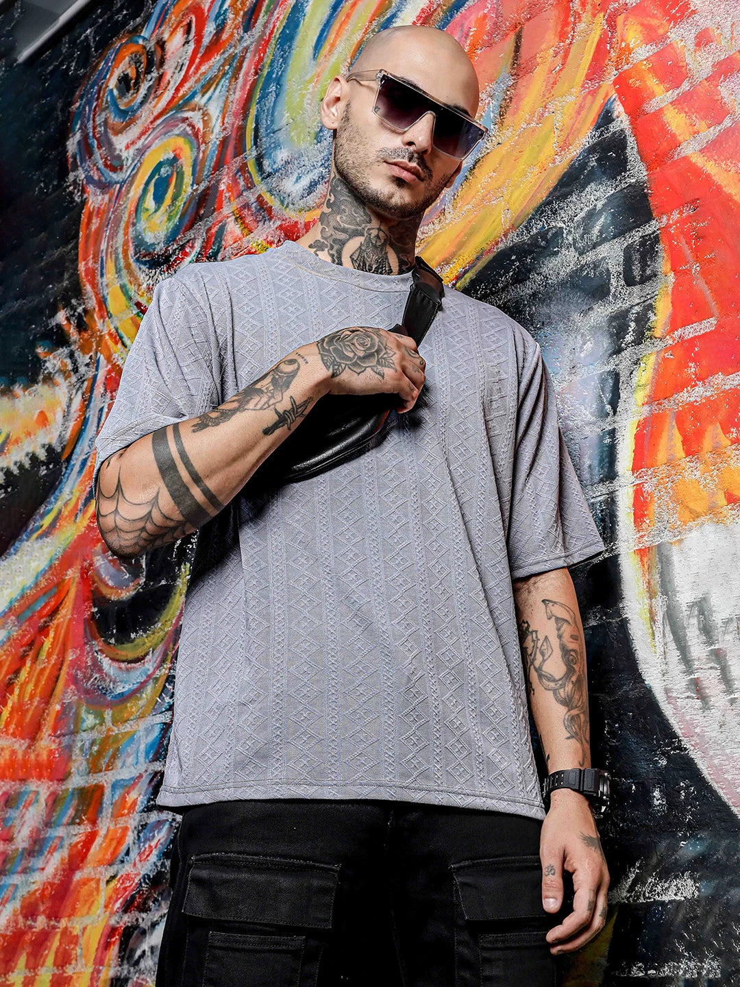 House Of Koala Grey Textured Round Neck Oversized T-Shirt