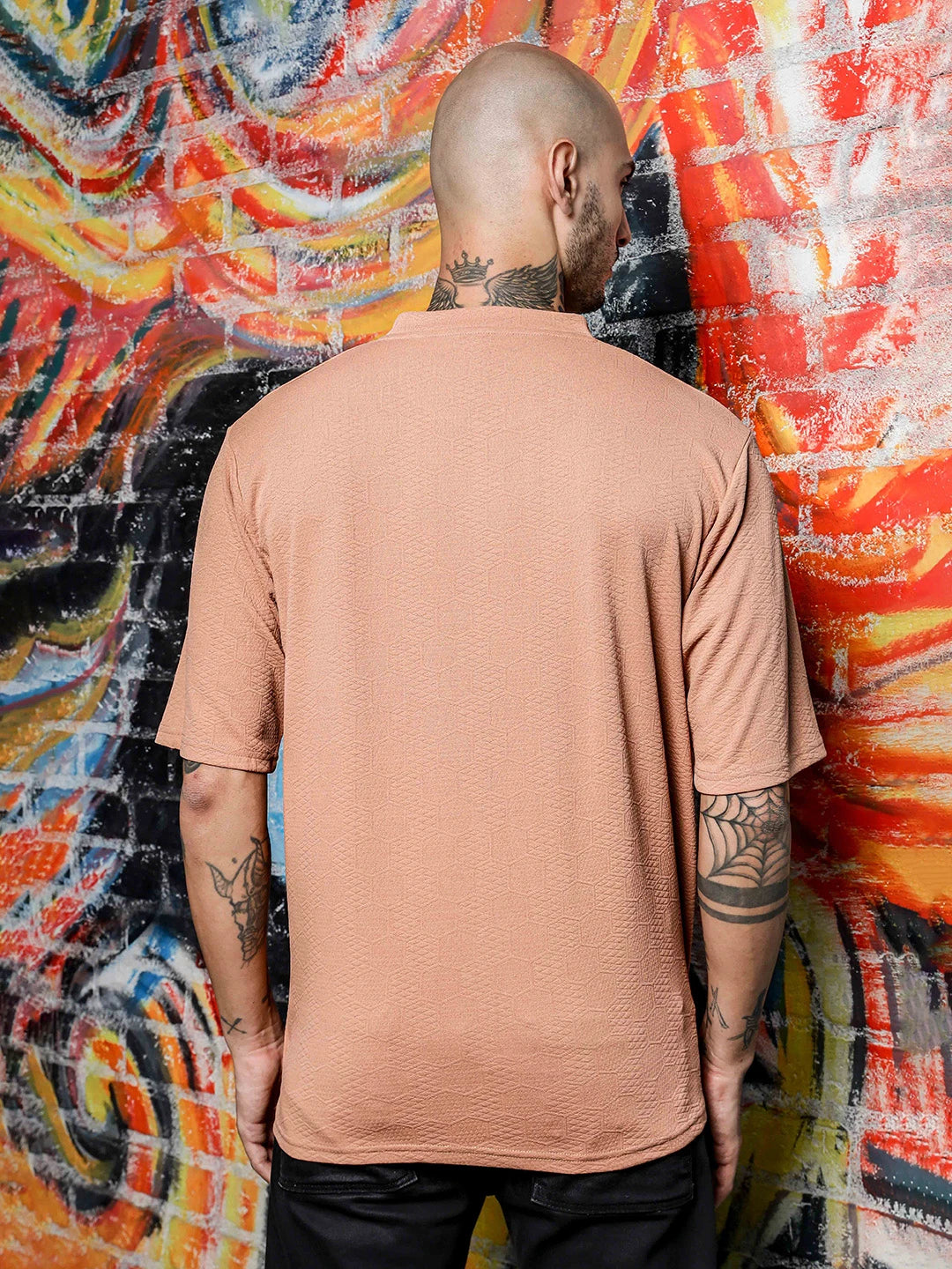 House Of Koala Brown Textured Round Neck Oversized T-Shirt