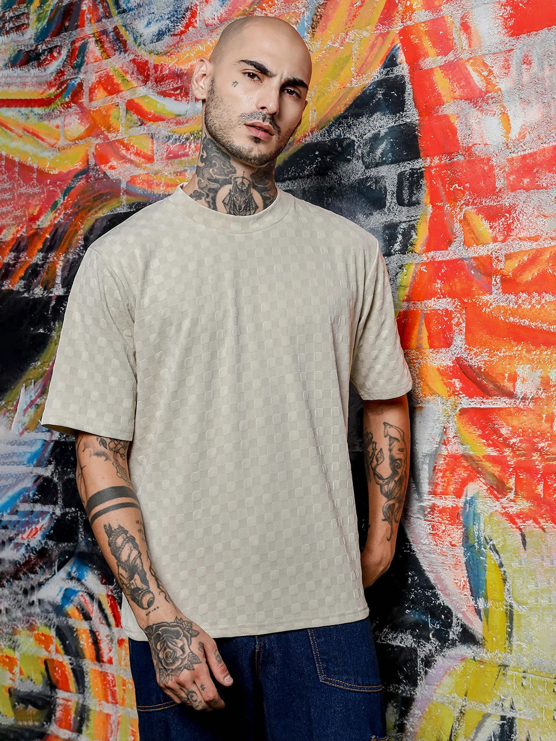 House Of Koala White Textured Round Neck Oversized T-Shirt