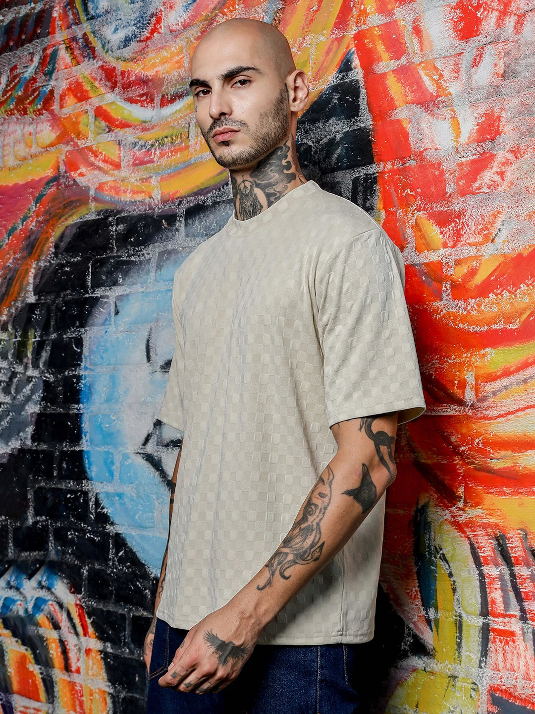 House Of Koala White Textured Round Neck Oversized T-Shirt