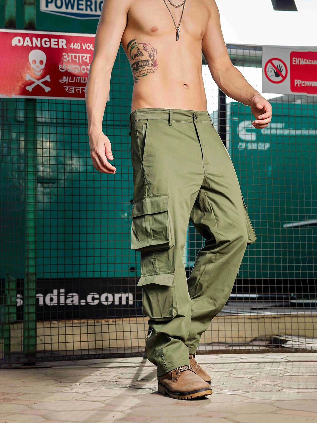 House Of Koala Olive Baggy fit 8 Pocket Streetwear Pure Cotton Cargo Trousers