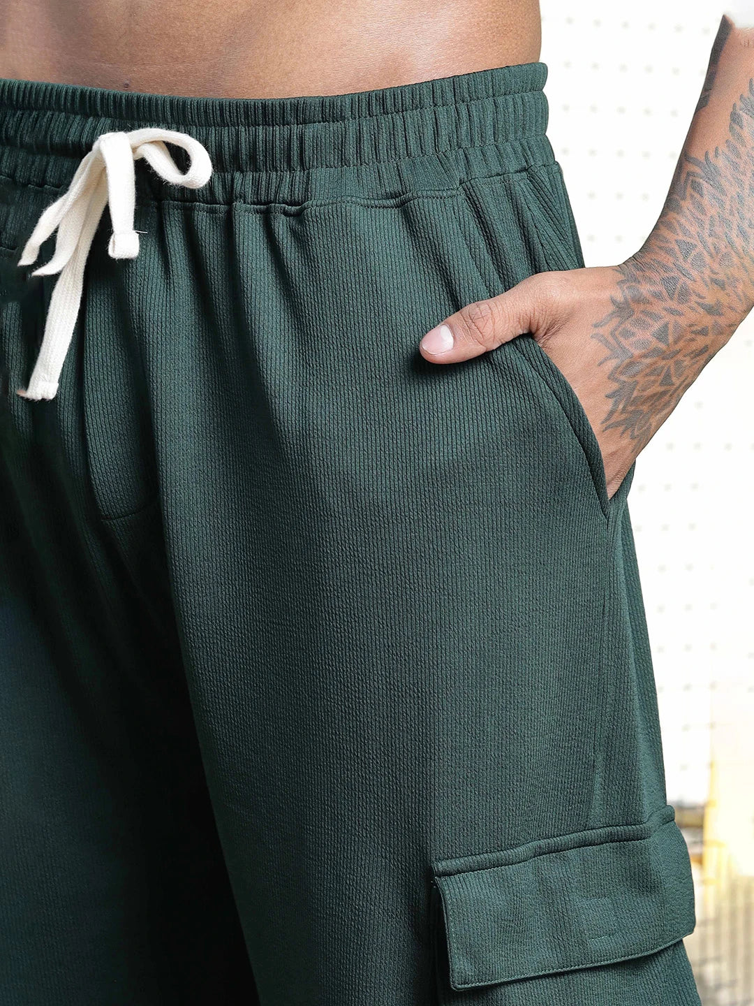 House Of Koala Bottle Green Ribbed Relaxed-Fit Mid-Rise Cargo Track Pant