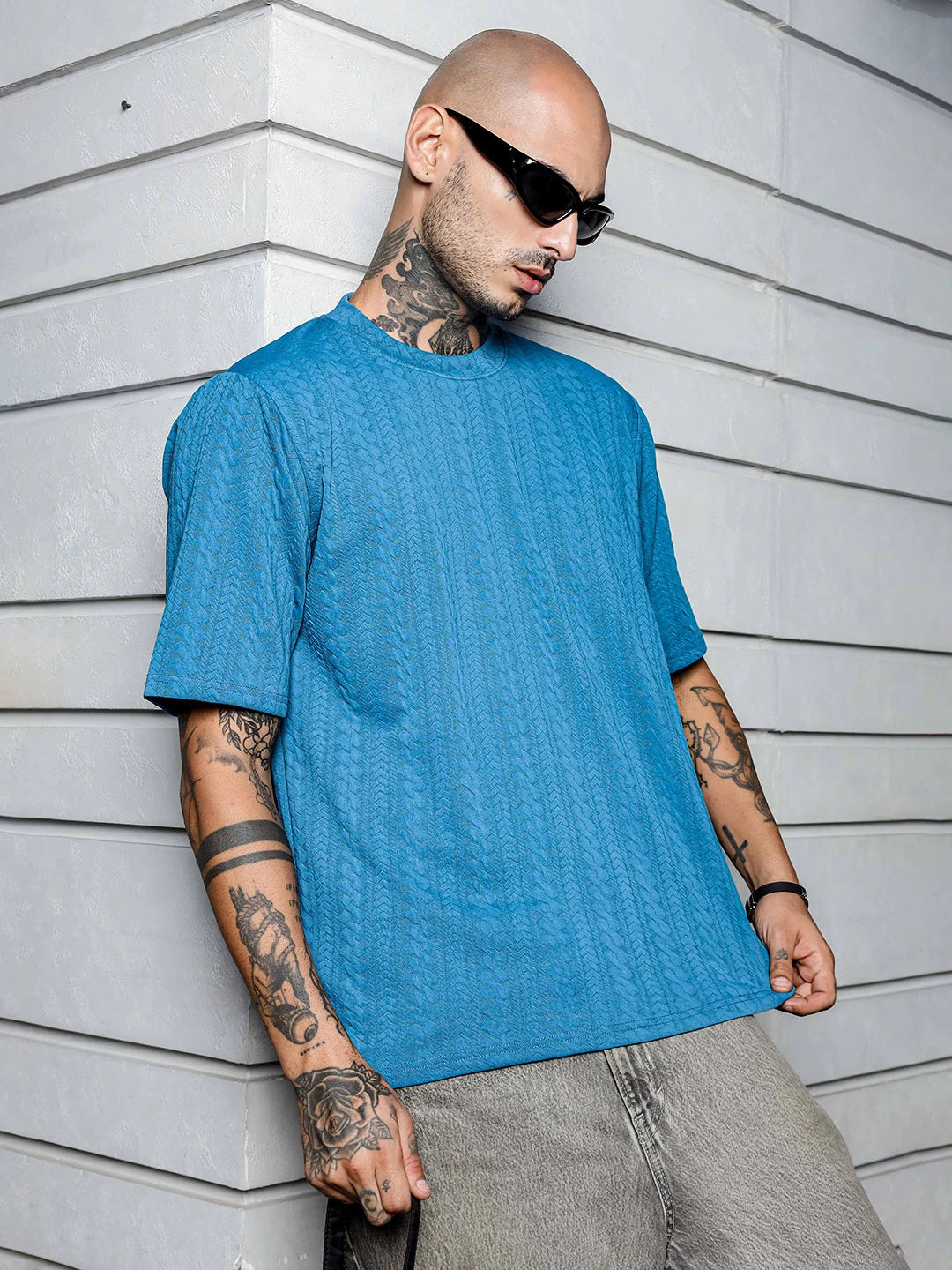 House Of Koala Blue Textured Round Neck Oversized T-Shirt