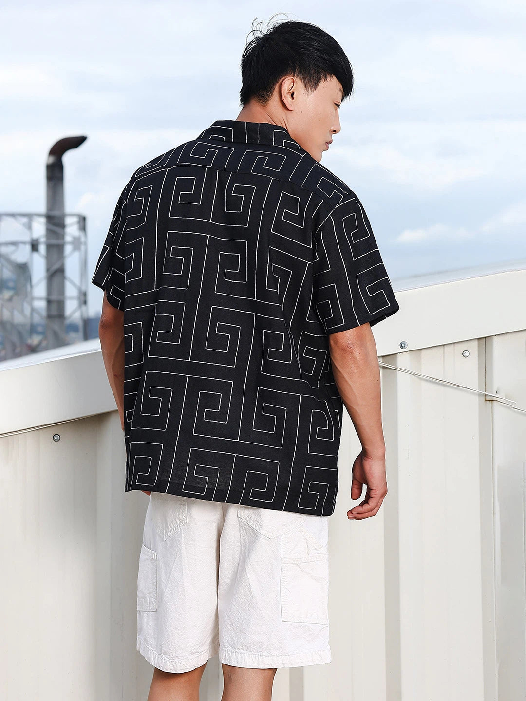 House Of Koala Linen Blend Black Korean Embroidered Notched Lapel Collar Resort Shirt