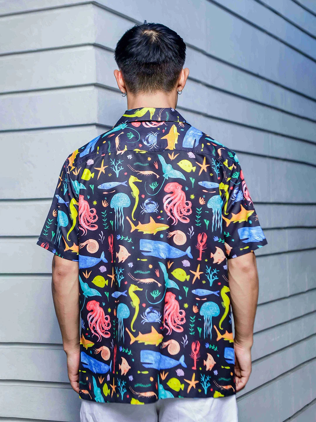 House Of Koala Black Abstract Printed Cuban Collar Classic Relaxed Fit Resort Shirt