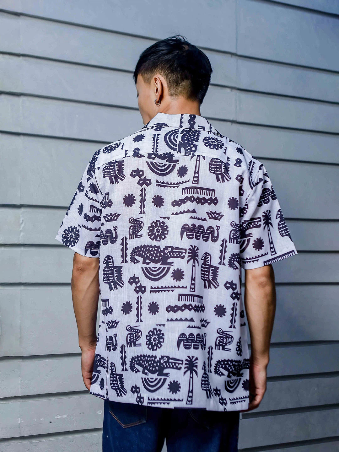 House Of Koala White Linen Blend Aztec Print Cuban Collar Oversized Resort Shirt