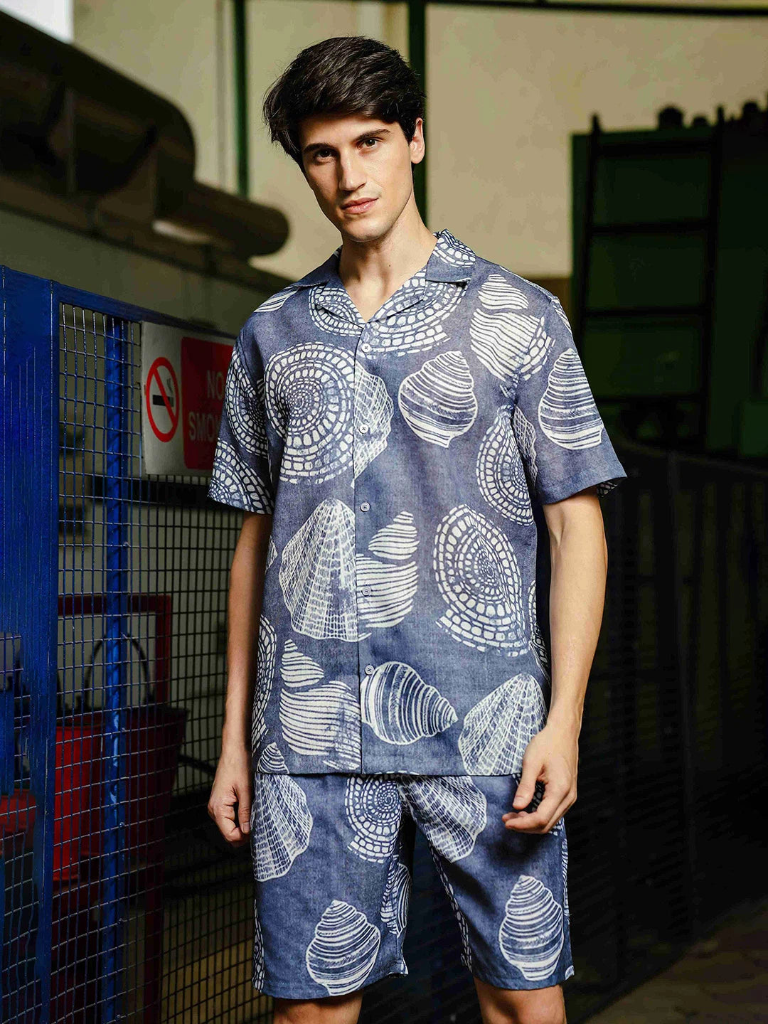 House Of Koala Grey Tropical Print Linen Blend Classic Cuban Collar Resort Shirt