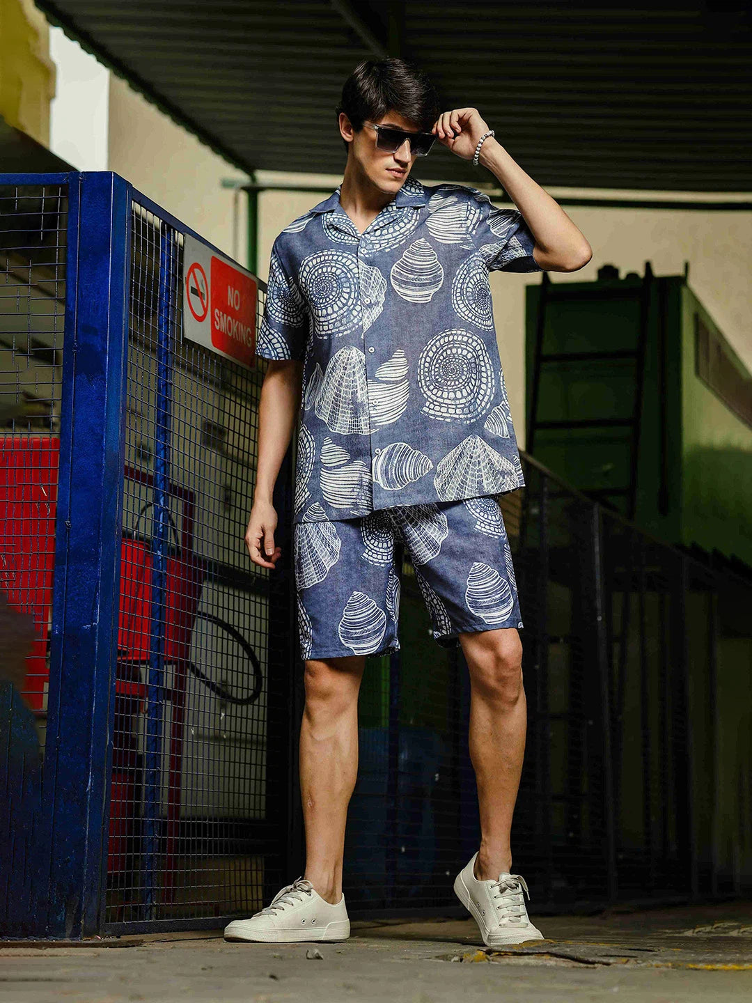 House Of Koala Grey Tropical Print Linen Blend Classic Cuban Collar Resort Shirt