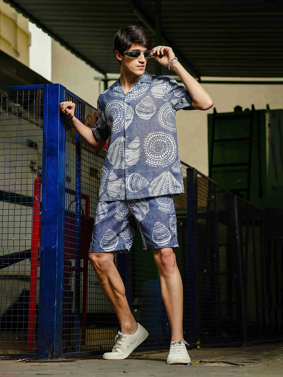 House Of Koala Grey Tropical Print Linen Blend Classic Cuban Collar Resort Shirt