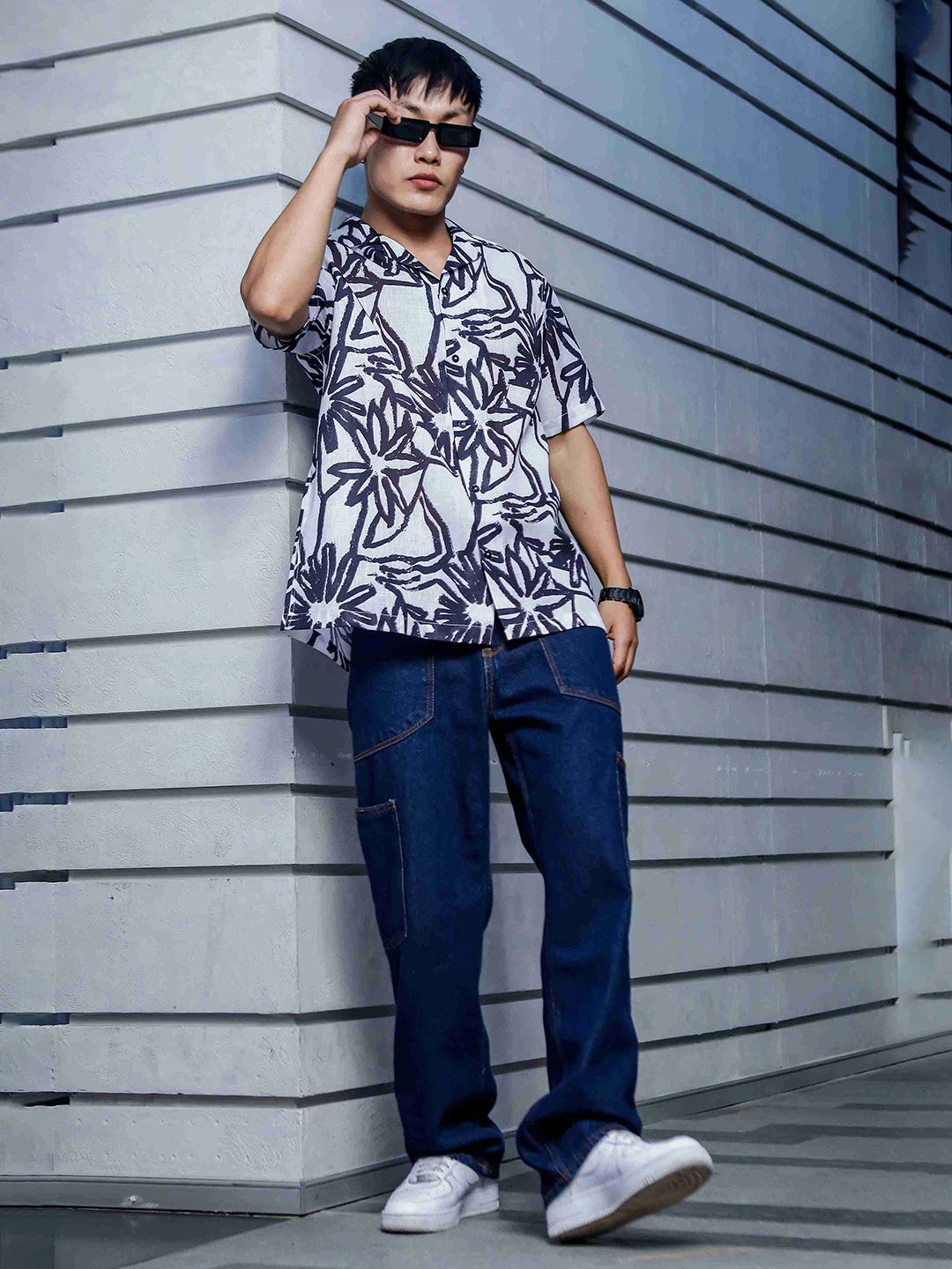 House Of Koala Abstract Floral Print Linen Blend Cuban Collar Oversized Resort Shirt