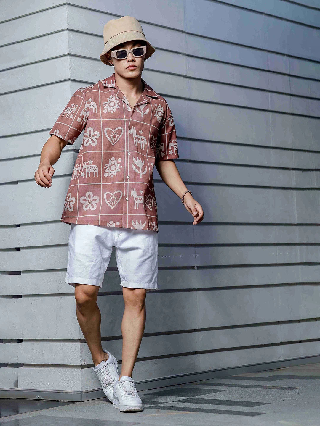 House Of Koala Linen Blend Abstract Tile Print Cuban Collar Oversized Resort Shirt