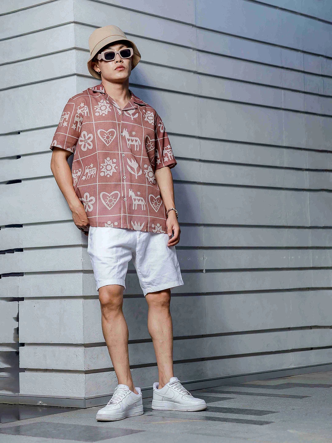 House Of Koala Linen Blend Abstract Tile Print Cuban Collar Oversized Resort Shirt
