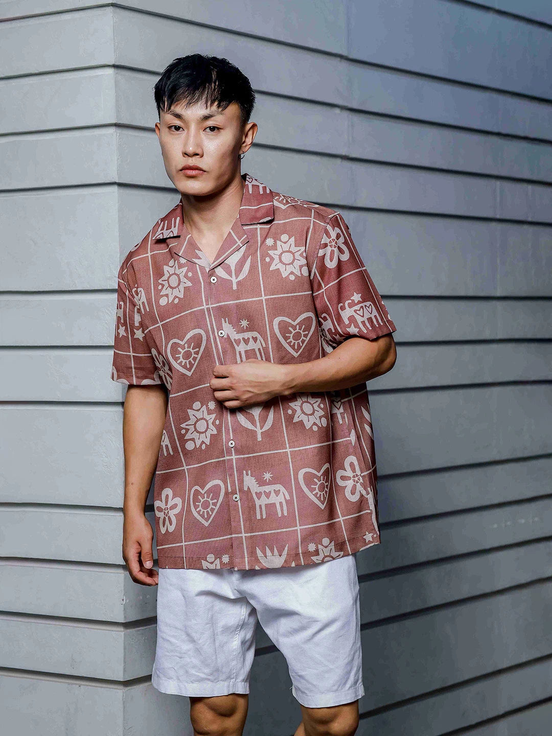 House Of Koala Linen Blend Abstract Tile Print Cuban Collar Oversized Resort Shirt
