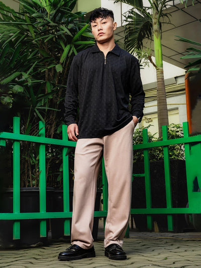 House Of Koala Black Solid Textured Cable Knit Drop-Shoulder Relaxed Fit Polo Neck Full Sleeve T-Shirt