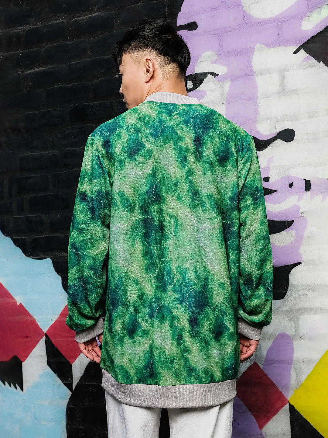House Of Koala Grey & Green Abstract Printed Drop-Shoulder Relaxed Fit Pullover T-tshirt