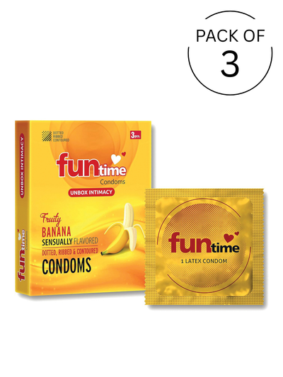 Funtime Dotted Ribbed and Contoured Condoms Fruity Banana Flavoured Condoms