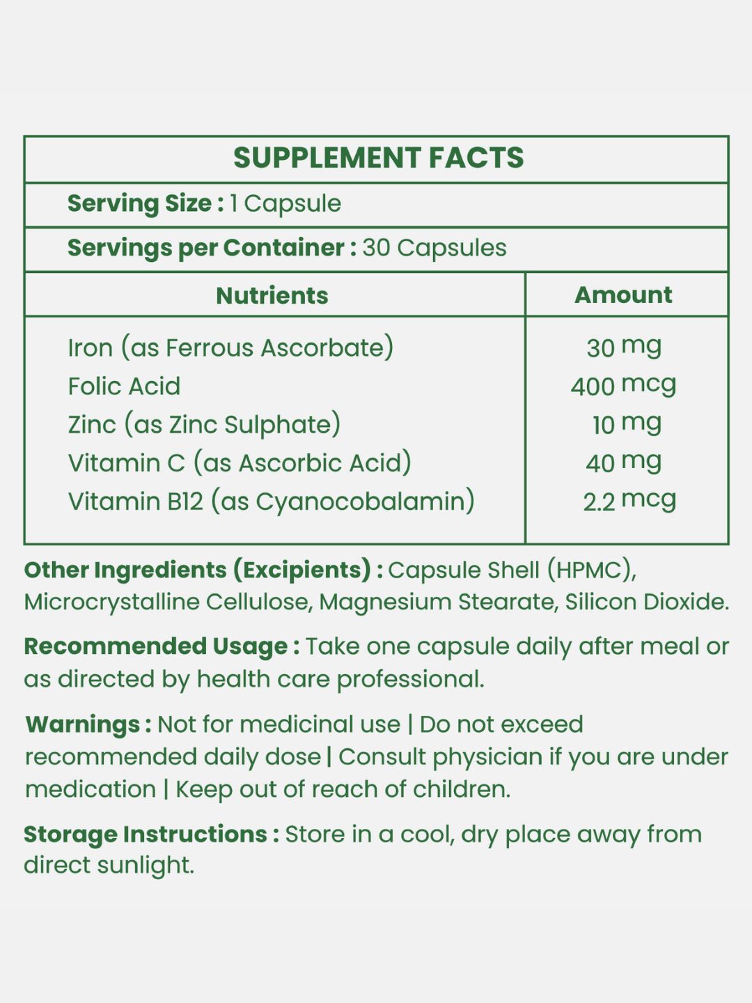 Leeforia Iron and Folic Acid (30 Capsules)