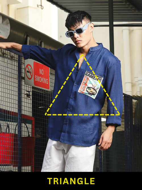 House Of Koala Linen Blend Blue Mandarin Collar Relaxed Fit Shirt with Applique Pocket