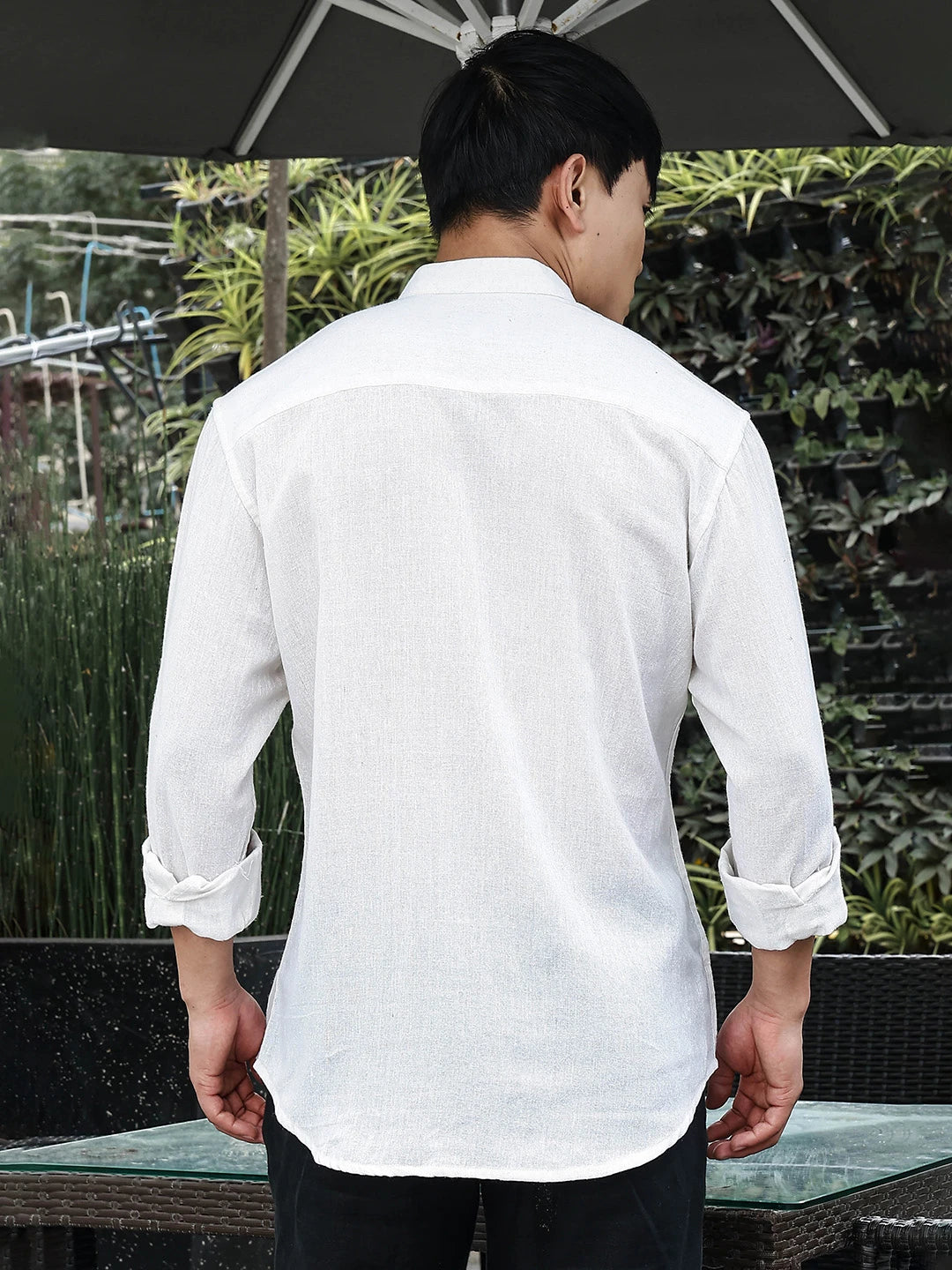 House Of Koala Khadi Blend White Mandarin Collar Relaxed Fit Shirt